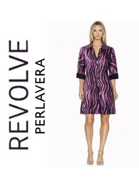 NWT Revolve x Perlavera Purple & Black Clara Zebra-Print Button Down Shirt Dress